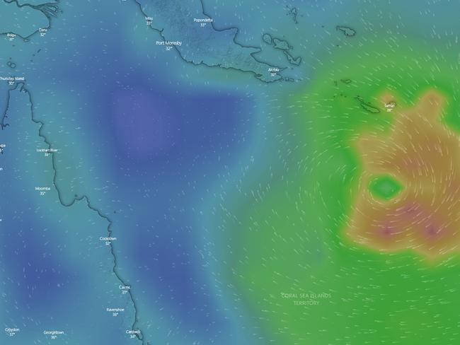 A tropical low in the Coral Sea is expected to develop into a cyclone over the coming hours. PICTURE: SCREENSHOT / WINDY.COM