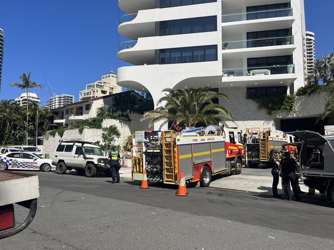 Fire crews at Woodroffe Ave in Main Beach on Wednesday. Picture: Tahlia Leathart