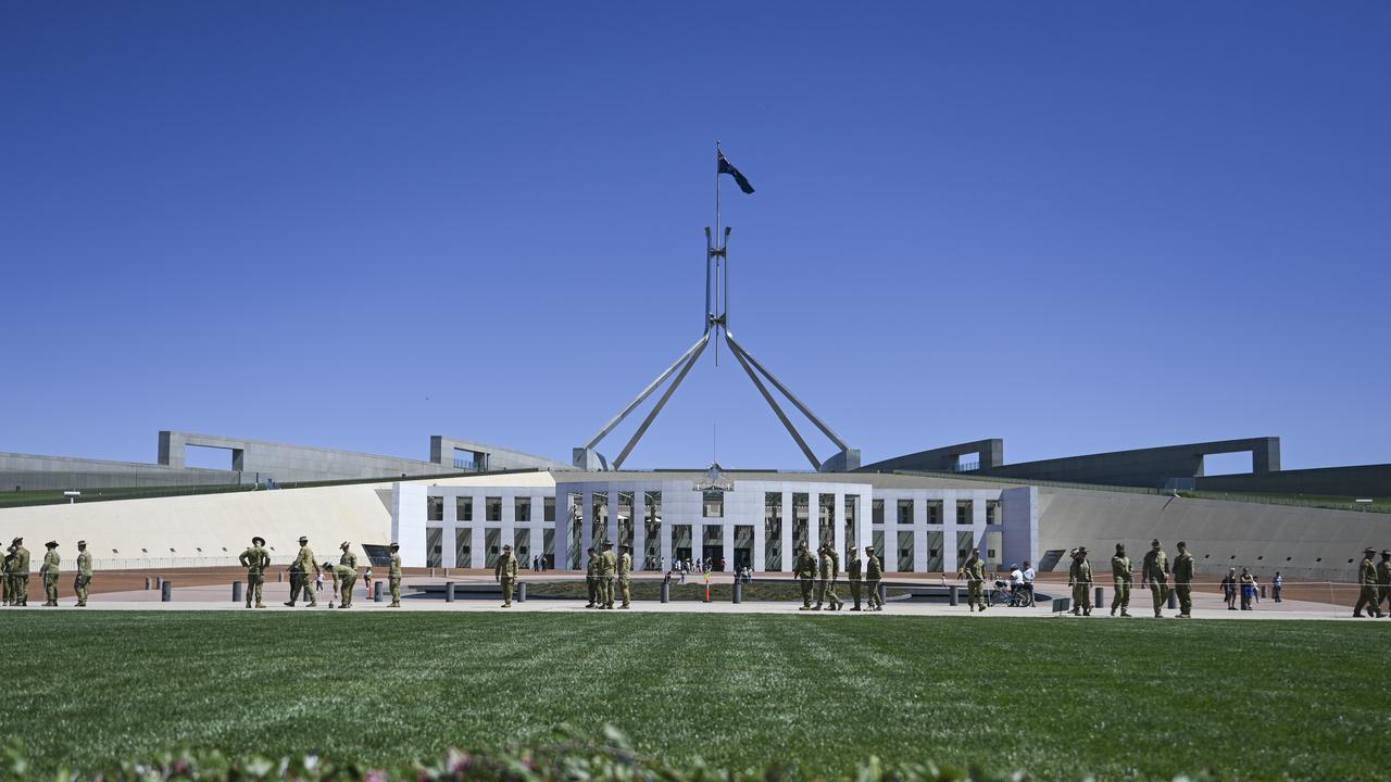 Members to the Royal Regiment of Australian Artillery prepare at Parliament House in Canberra ahead of the royal visit. Picture: NewsWire / Martin Ollman