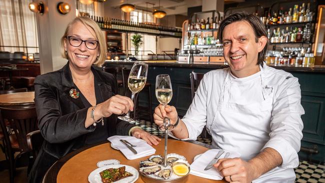 Lord Mayor Sally Capp with restaruanteur Andrew McConnell at his new restaurant, Gimlet. Picture: Jake Nowakowski