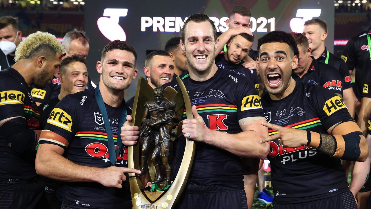 Nathan Cleary, Isaah Yeo and Tyrone May celebrate after the grand final. Pics Adam Head.