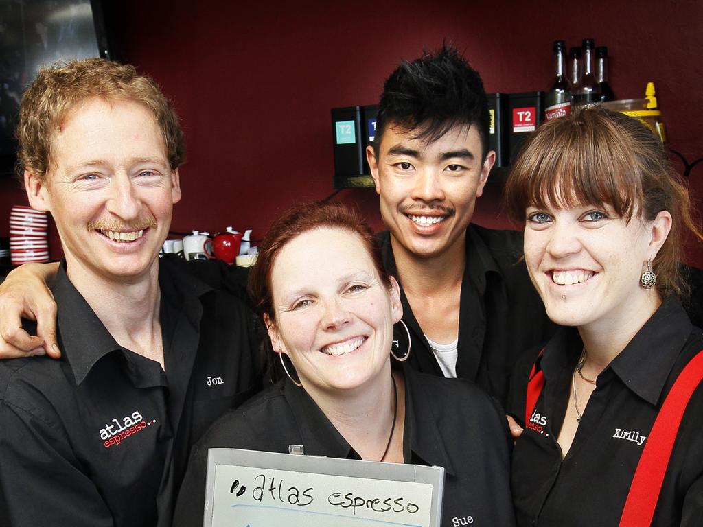 Atlas Cafe in Hobart broke the world record for the most amount of coffees made in an hour, from left, Jonathan Stagg, Sue Stagg, Luke Bowden, and Kirilly Crawford, all of Hobart, after making 434 coffees on one machine in an hour, also raising money for men's health through the Movember challenge