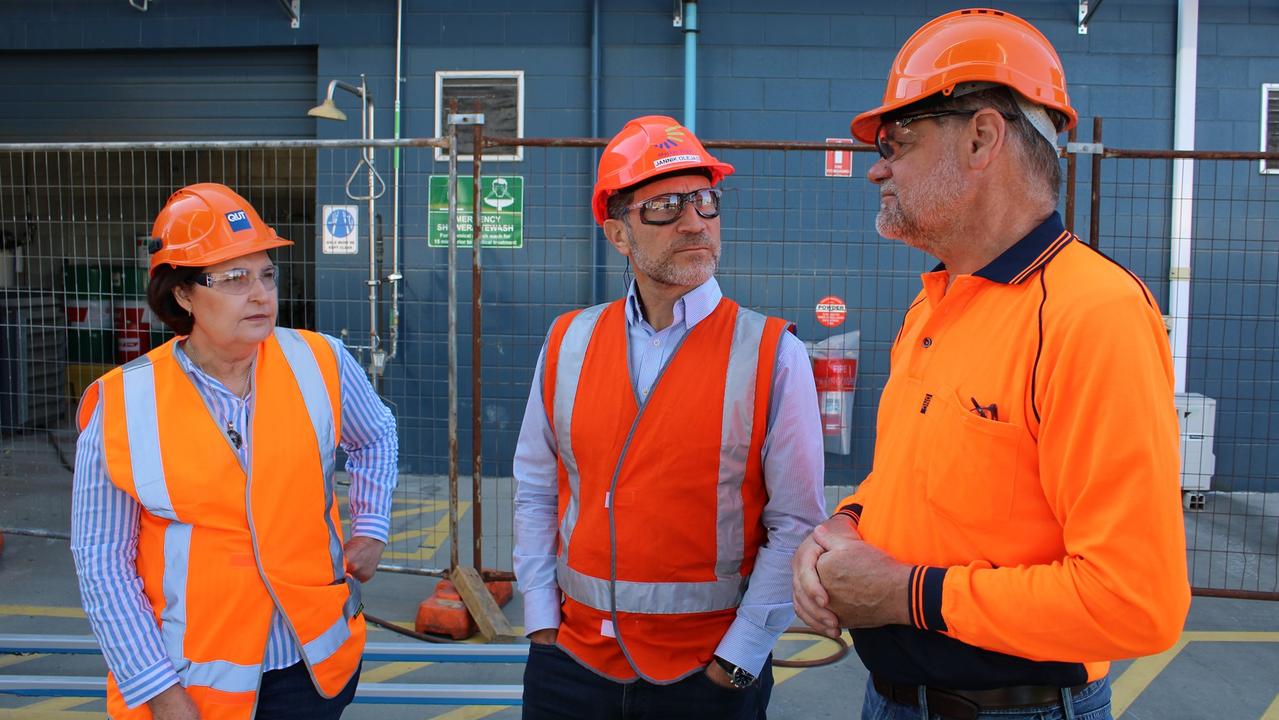 Mackay MP Julieanne Gilbert, Queensland University of Technology Senior Research Fellow, and Agriculture and the Bioeconomy engineer, Dr Darryn Rackemann, and Mercurius Biorefining CEO Karl Seck at the Mackay Renewable Biocommodities Plant at Racecourse Mill. Picture: Contributed