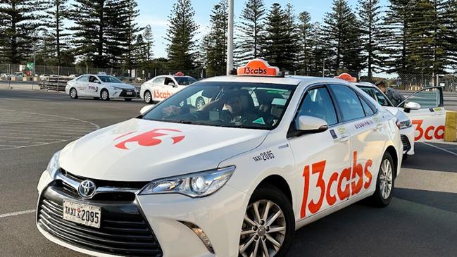 A line of taxis await as the cruise ship Grand Princess arrives in Adelaide with passengers suffering Covid aboard. Picture: Eva Blandis