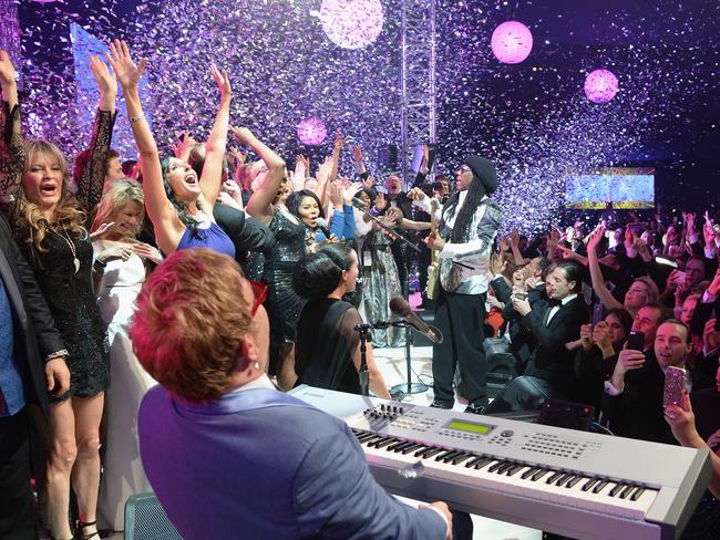 Sir Elton John performs on stage with Nile Rodgers during the 23rd Annual Elton John AIDS Foundation Academy Awards Viewing Party. Picture: Getty