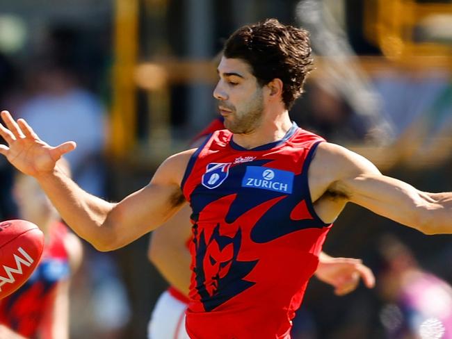 PERTH, AUSTRALIA - MARCH 02: Christian Petracca of the Demons clears the ball from the centre during the 2025 AAMI AFL Community Series match between Fremantle Dockers and Melbourne Demons at Rushton Park on March 02, 2025 in Mandurah, Australia. (Photo by James Worsfold/AFL Photos/via Getty Images)