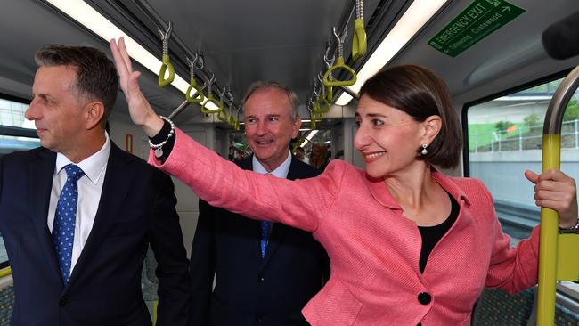 Premier Gladys Berejiklian with Transport Minister Andrew Constance and Riverstone MP Kevin Conolly travel on the first Sydney Metro train in Rouse Hill on March 19. Picture: AAP