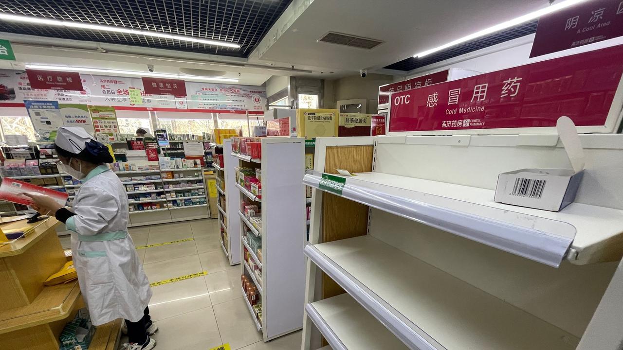 Empty cold medicine shelves at a Beijing pharmacy on December 15, 2022. Picture: Yuxuan Zhang/AFP