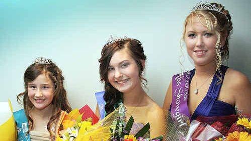 Fraser Coast Showgirls 2010: Miss Junior Show Princess Kasharna Trousdell, 9, Miss Teen Showgirl and Miss Charity Jodii Henderson, 14, and Miss Showgirl Kerry Taylor, 20. Picture Tony McLoughlin