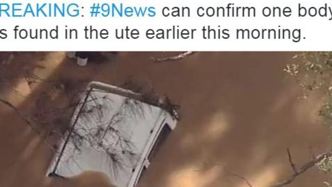 A submerged ute found in floodwaters near Camden. Picture: Channel Nine