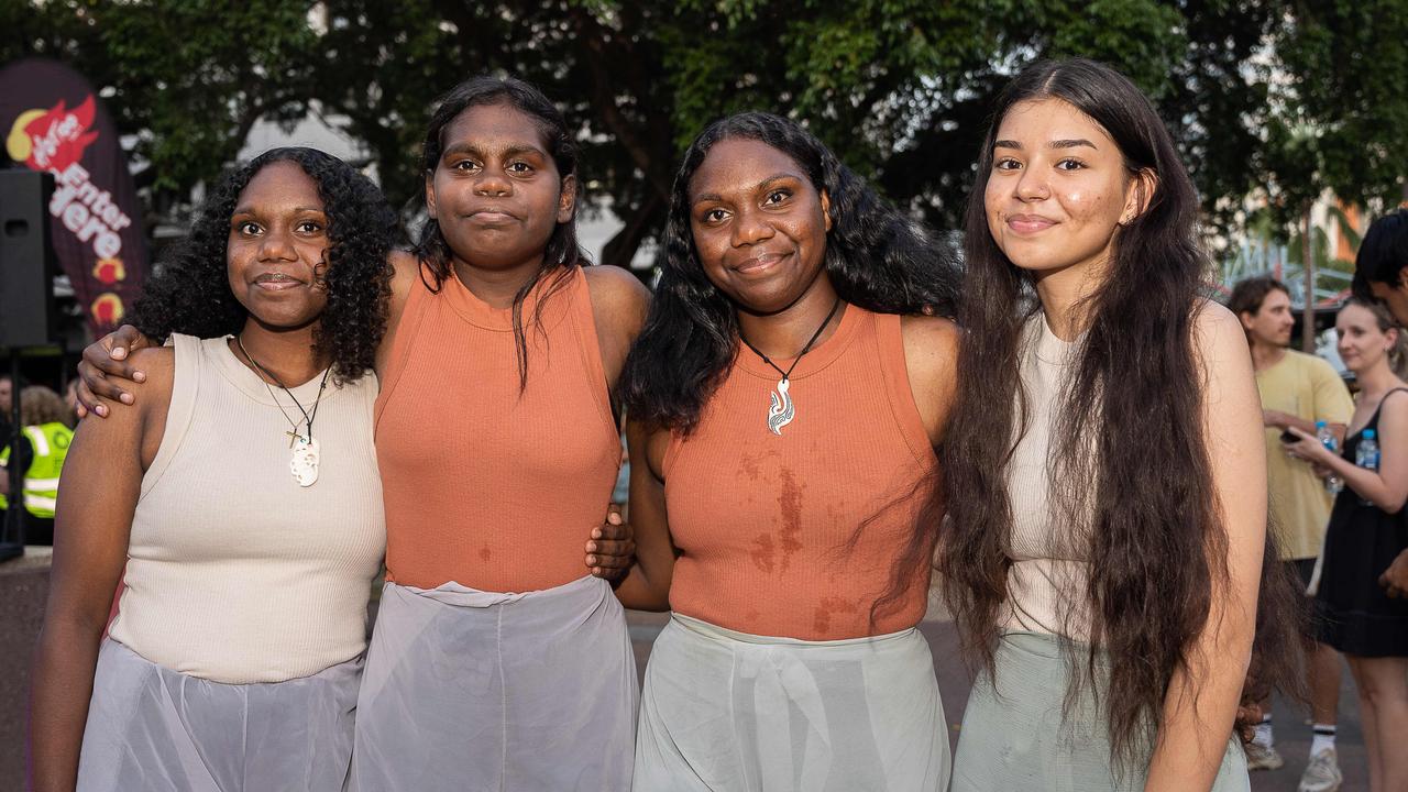 Devina Parry, Monica Timaepatua, Allaine Parry and Sarita Armstrong were among thousands of racing fans welcomed the Night Transporter Convoy into the Darwin CBD ahead of the 2023 Darwin Supercars. Picture: Pema Tamang Pakhrin