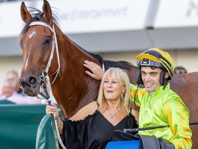 Julie Preston and Connor Murtagh celebrate Snoopy Now's Port Adelaide Guineas win in April. Picture: Makoto Kaneko
