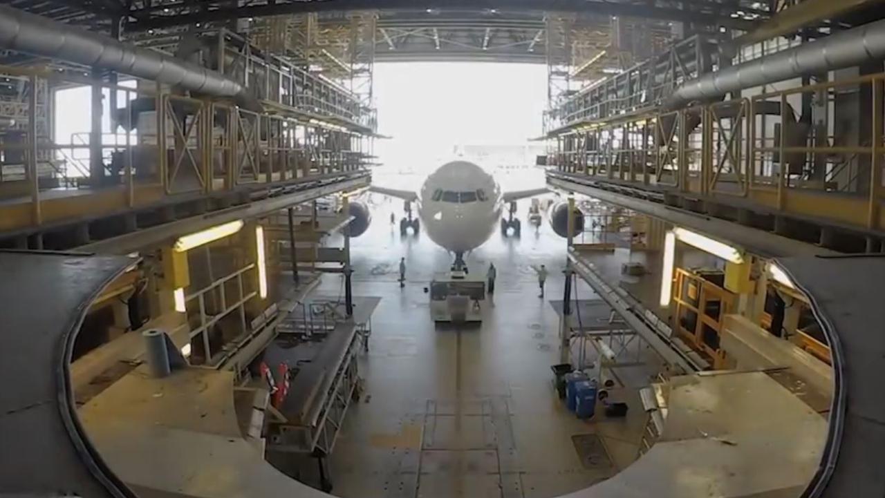 The first of the A330s gets wheeled in for the upgrade. Picture: Qantas