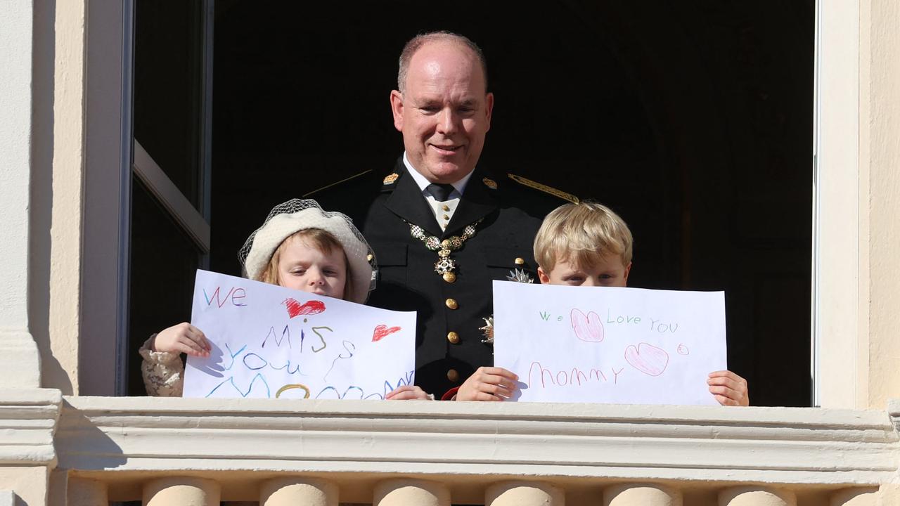 Prince Albert II of Monaco, Princess Gabriella and Prince Jacques on the balcony of Monaco Palace. Picture: Valery Hache/AFP