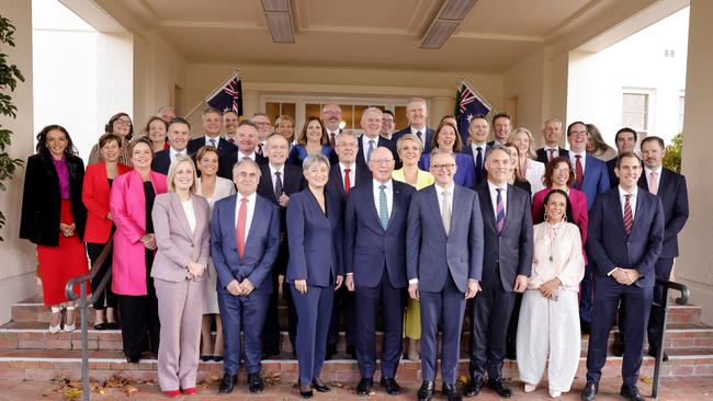 Anthony Albanese poses with his new ministry after a swearing-in ceremony at Government House on June 1, 2022 in Canberra. (Photo by Jenny Evans/Getty Images)