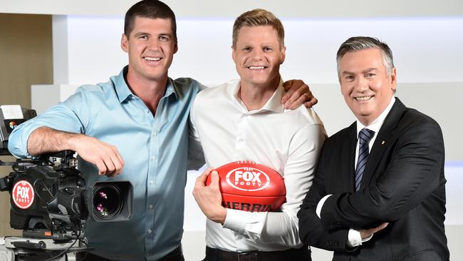 Jonathan Brown and Eddie McGuire welcome former St Kilda captain Nick Riewoldt to the Fox Footy team. Picture: Kylie Else