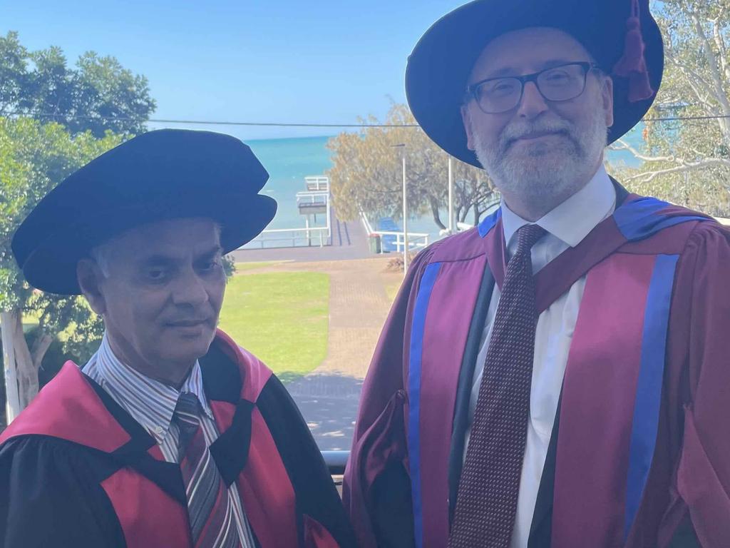 Professor Michael Witmore and Professor Vishnu Dharma at the University of the Sunshine Coast graduation ceremony at the Beach House Hotel on October 12, 2023.