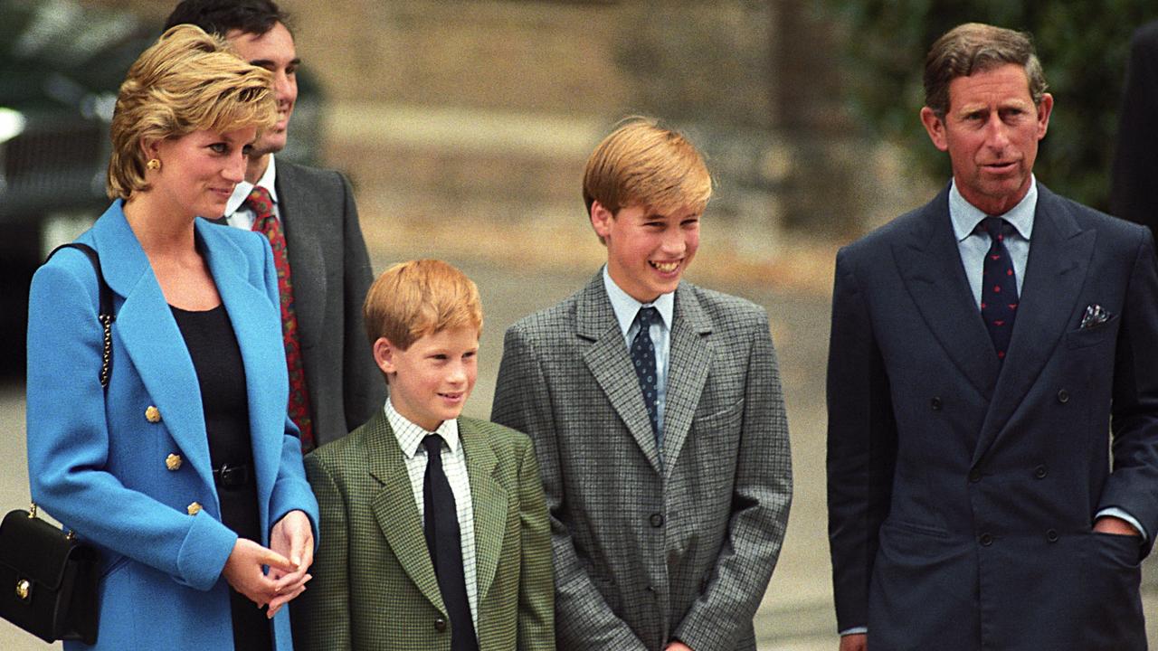 Princess Diana with sons Prince Harry, Prince William and then-Prince Charles at Prince William's first day at Eton in 1995. Picture: Tom Wargacki/WireImage