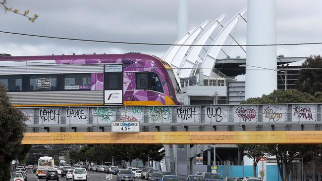 Vline train passing over Moorabool street Geelong. picture: Glenn Ferguson