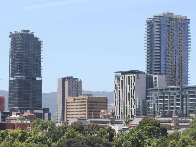 ADELAIDE, AUSTRALIA - ADVERTISER Photos DECEMBER 3, 2020: Adelaide's changing skyline. Adelaide's skyline taken from Level 5 Adelaide Oval showing how much the skyline has changed particularly on North Terrace with the construction of new apartment towers The Adelaidean, Realm Adelaide and the GSA accommodation tower. Adelaide Festival Centre, Skycity Casino, Westpac Building, Picture Emma Brasier