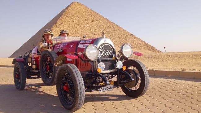 Cartoonist Warren Brown and reporter Matthew Benns in The Bean at the Great Pyramids in Egypt. Picture: Supplied