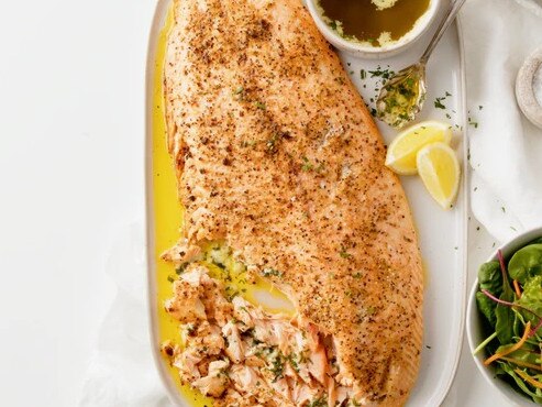 Garlic butter flaked salmon.