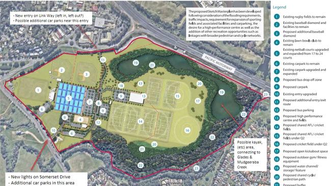 The future proposed masterplan for Firth Park at Mudgeeraba, which includes a lake which could possibly link with the Greenheart at Robina on the Gold Coast.