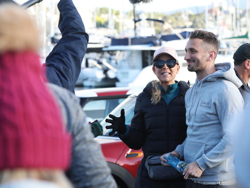 The Project's Carrie Bickmore and Tommy Little at start of the 2019 Point to Pinnacle. Picture: LUKE BOWDEN