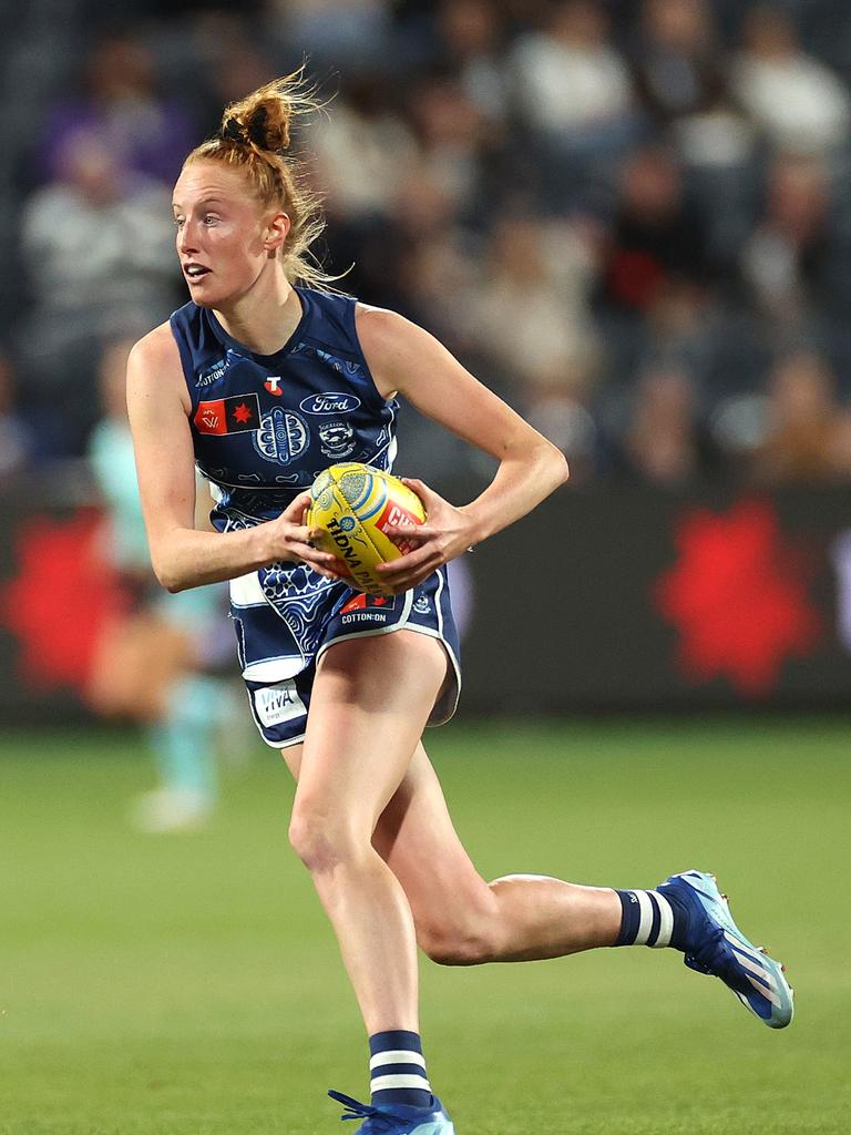 Geelong forward Aishling Moloney in action against Adelaide on Friday night. Picture: Kelly Defina/Getty Images