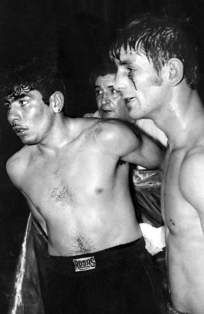 March 1969. World featherweight champion Johnny Famechon beats Mexican Jose Jimenez (left) on points in a 10-round overweight non-title fight at Festival Hall. Picture: News Corp Australia