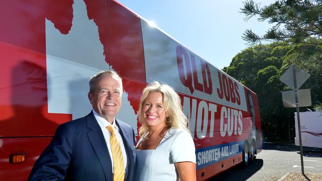 Opposition leader Bill Shorten and his wife Chloe at Moffat Beach on the Sunshine Coast.