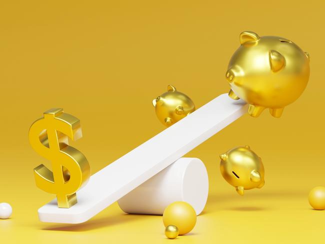 Balance concept. 3D US dollar sign outweighs golden piggy banks, piggy banks fall from scales. Creative conceptual background; saving investment generic