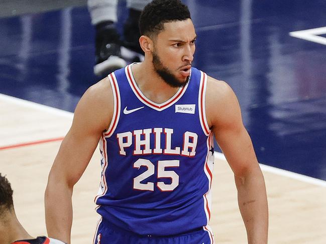 WASHINGTON, DC - MAY 31: Ben Simmons #25 of the Philadelphia 76ers celebrates during the first quarter against the Washington Wizards during Game Four of the Eastern Conference first round series at Capital One Arena on May 31, 2021 in Washington, DC. NOTE TO USER: User expressly acknowledges and agrees that, by downloading and or using this photograph, User is consenting to the terms and conditions of the Getty Images License Agreement.   Tim Nwachukwu/Getty Images/AFP == FOR NEWSPAPERS, INTERNET, TELCOS & TELEVISION USE ONLY ==