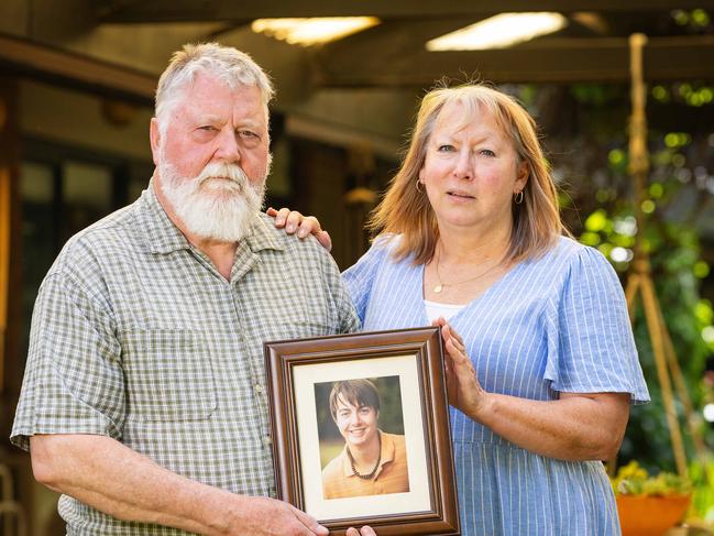 MACEDON, NOVEMBER 22, 2024: Marcus and Noelene Ward with a photo of their son Liam, who took his own life aged 20. Picture: Mark Stewart