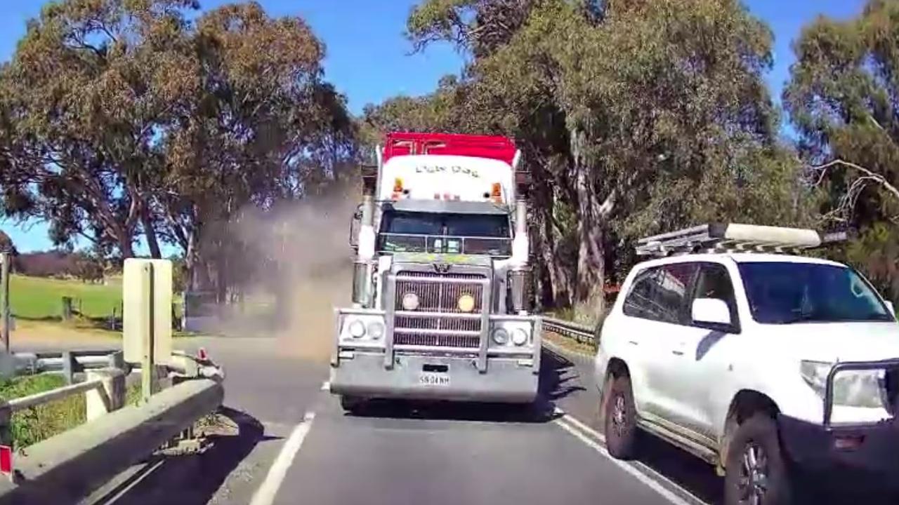 A truck carrying live sheep was forced to swerve into oncoming traffic to avoid colliding with the white 4WD. Picture: Supplied.