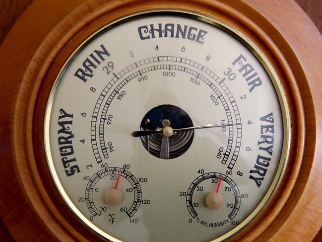 A barometer reads ‘very dry’ on Richard and Diane Darcy’s farm in Tullamore. Picture: Jonathan Ng