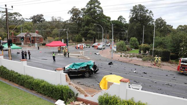 The crash at intersection of Fullarton Rd and Cross Rd left debris strewn over a wide area. Picture: Dean Martin/AAP