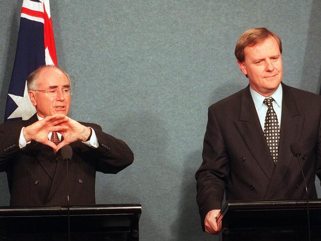 Aust politician Prime Minister John Howard  (l) with Peter Costello 28 May 1999.