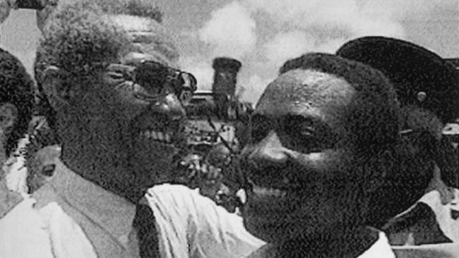 Brian Lara is congratulated by former record holder Sir Garfield Sobers, after breaking his world record score of 365 runs in Antigua in 1994. Pic: Cricket Historical