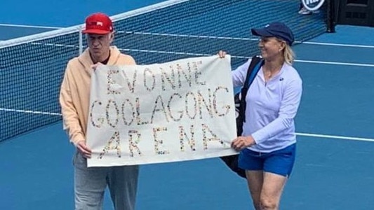 Martina Navratilova and John McEnroe protest for Margaret Court Arena to be renamed in honour of Evonne Goolagong. Source: Twitter