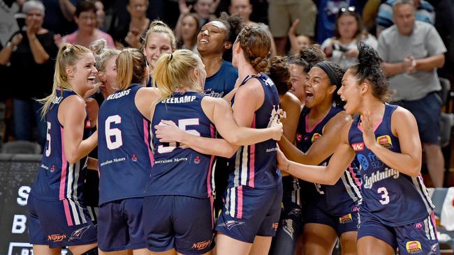 Adelaide Lightning players celebrate reaching the grand final on Thursday night. Picture: Naomi Jellicoe