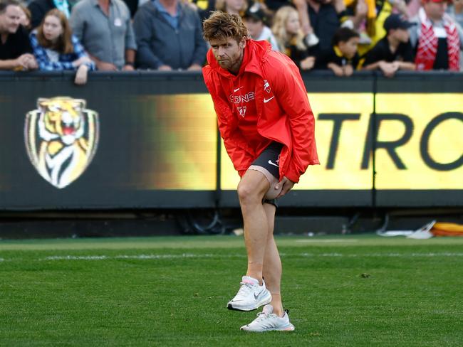 Dane Rampe’s hamstring injury will create at least one change for the Swans ahead of their Gather Round clash. Picture: Michael Willson/AFL Photos via Getty Images