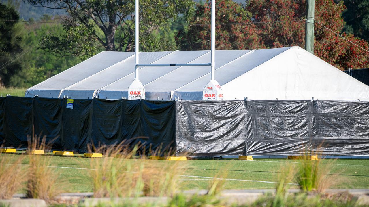 Black cloths blocking a marquee at the Penrith Panther academy were players are celebrating after their grand final win last night. Picture Thomas Lisson