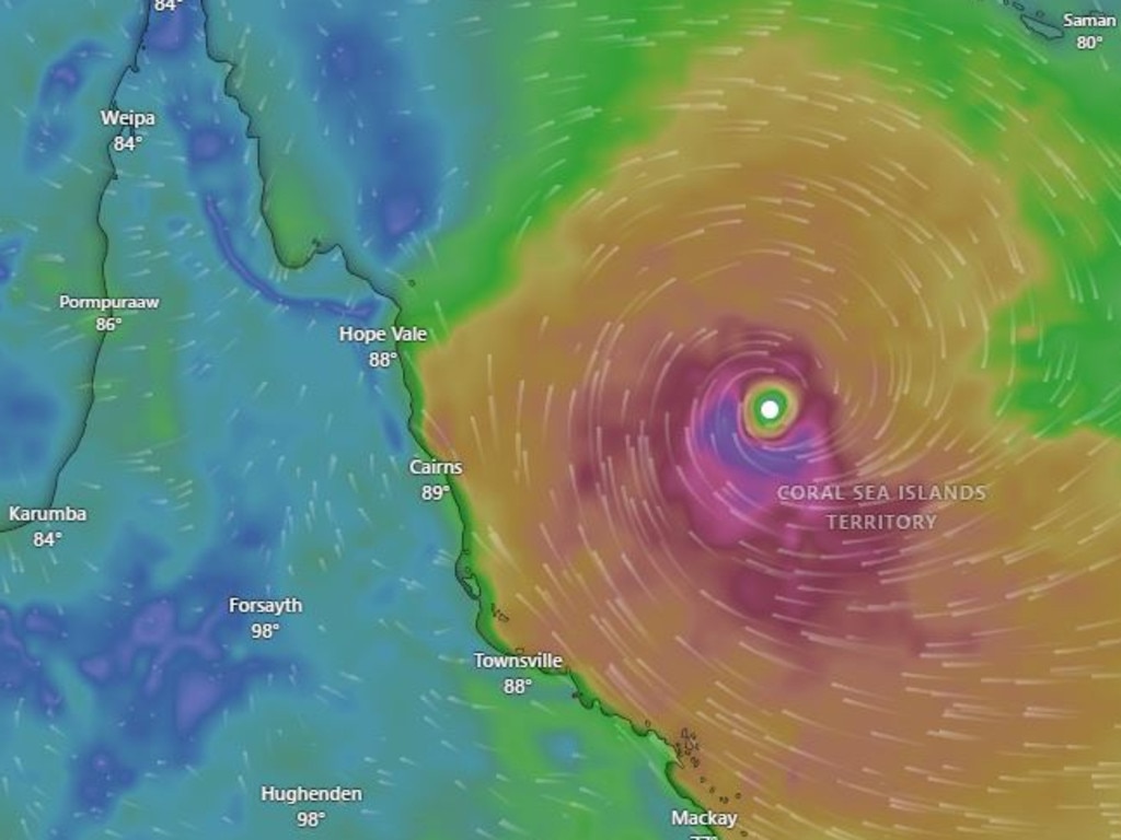 Some meteorological models have Cyclone Jasper passing directly over Willis Island, marked above with a white dot, as it moves towards Queensland. Picture: Windy.