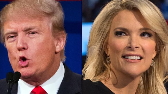 This combination made from Aug. 6, 2015 photos shows republican presidential candidate Donald Trump, left, and Fox News Channel host and moderator Megyn Kelly during the first Republican presidential debate at the Quicken Loans Arena, in Cleveland. Angry over what he considered unfair treatment at the debate, Trump told CNN on Friday night that Kelly had "blood coming out of her eyes, blood coming out of her wherever." (AP Photo/John Minchillo)