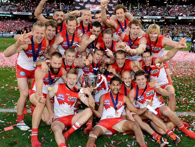 Sydney Swans players saviour their 2012 premiership win. Picture: Alex Coppel