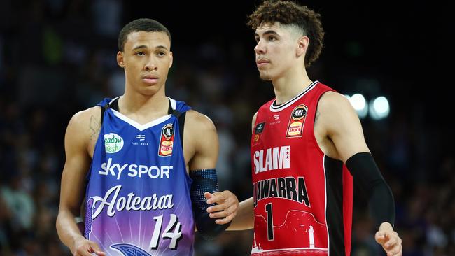 RJ Hampton of the Breakers and LaMelo Ball of the Hawks match up during th 2019-20 NBL season. Picture: Anthony Au-Yeung/Getty