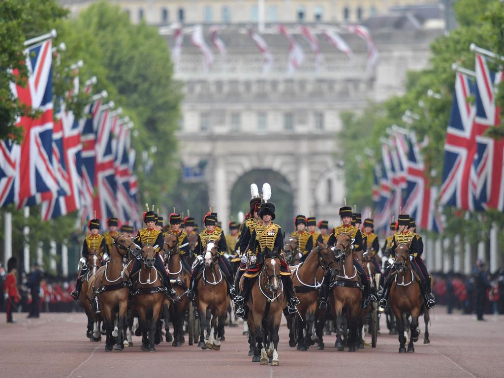 Members of The King's Troop Royal Artillery lead the parade down the Mall back to Buckingham Palace after of the Queen's Birthday Parade. Picture: AFP