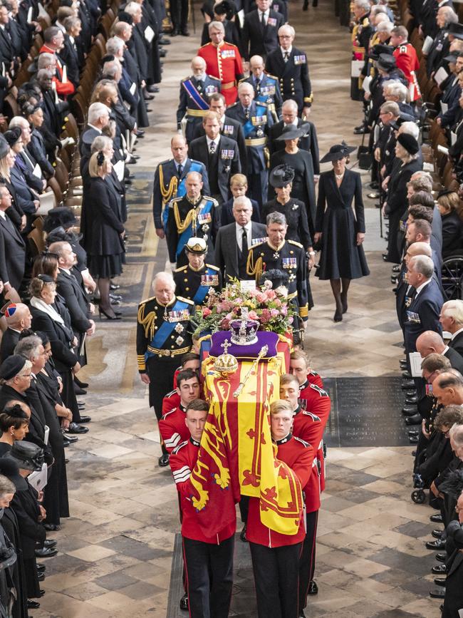 Members of the royal family follow behind the coffin of Queen Elizabeth II. Picture: Danny Lawson WPA – Pool/Getty Images