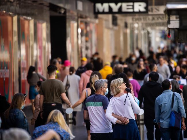 MELBOURNE, AUSTRALIA - NewsWire Photos OCTOBER 31, 2021: People in Melbourne are out and about today shopping in Bourke Street Mall and enjoying their freedom from lockdown as Victoria reaches 80% vaccination rate. Picture: NCA NewsWire / Paul Jeffers